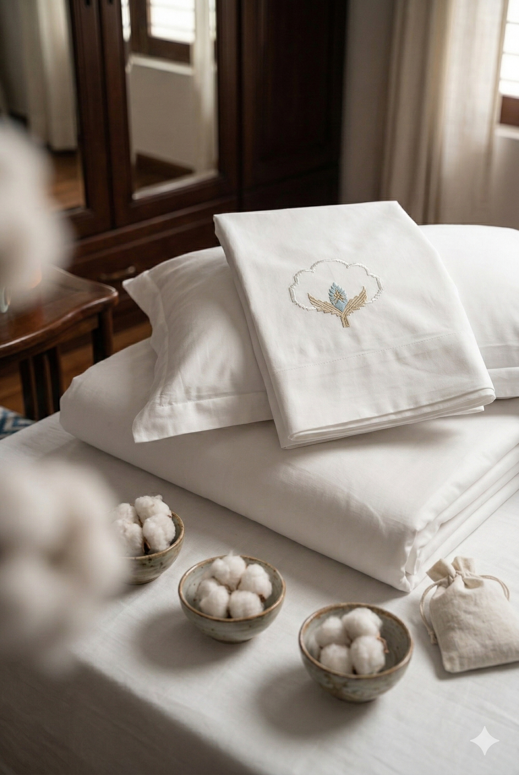 A stack of nude-colored luxury bedding.