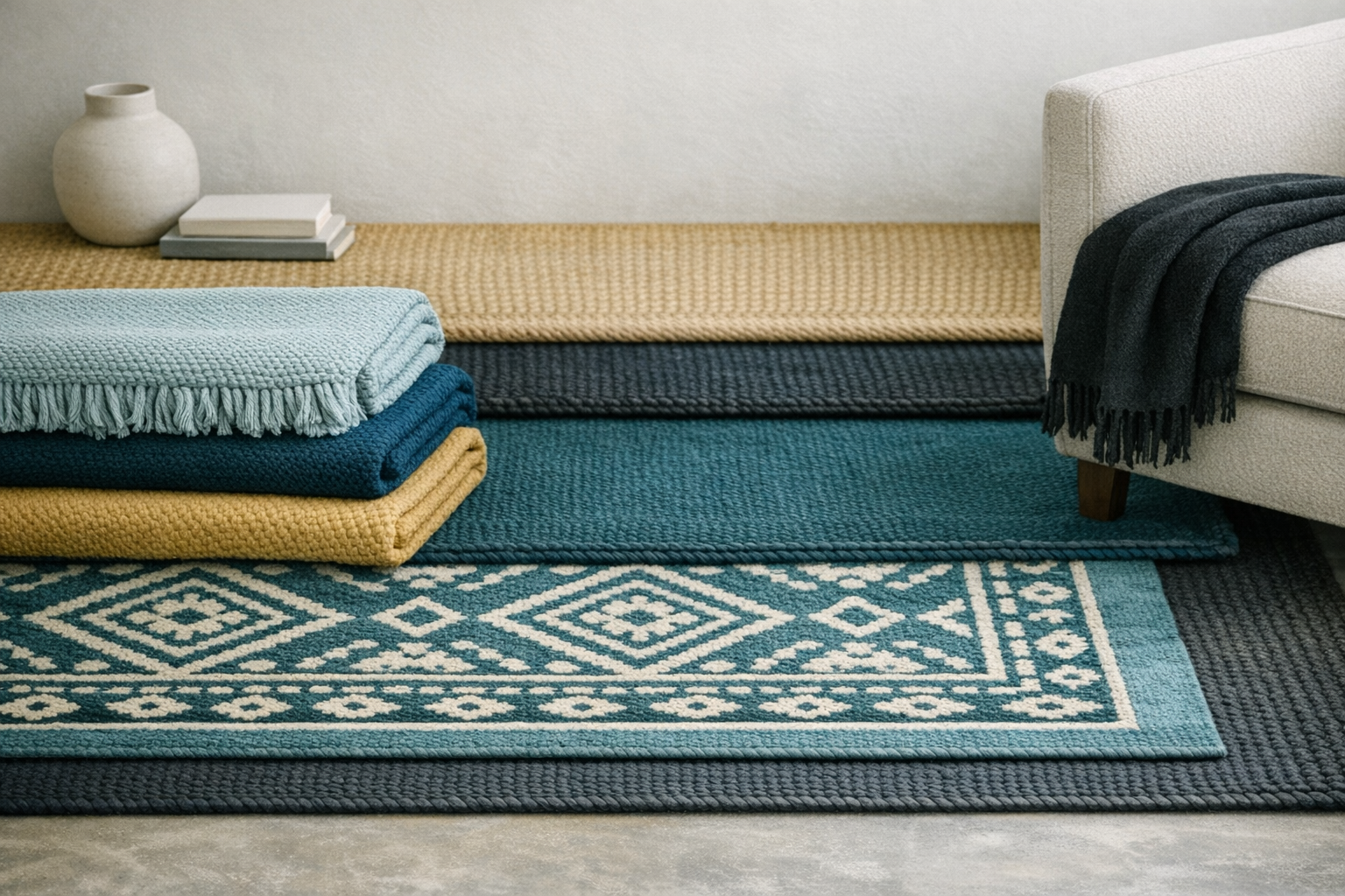A plush, nude-colored rug on a wooden floor.