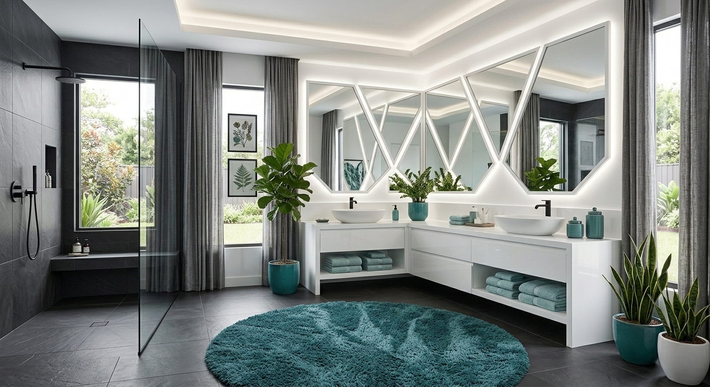 A modern bathroom with grey tiles, large mirrors, soft lighting, a dark teal carpet, grey curtains, and light teal towel sets.