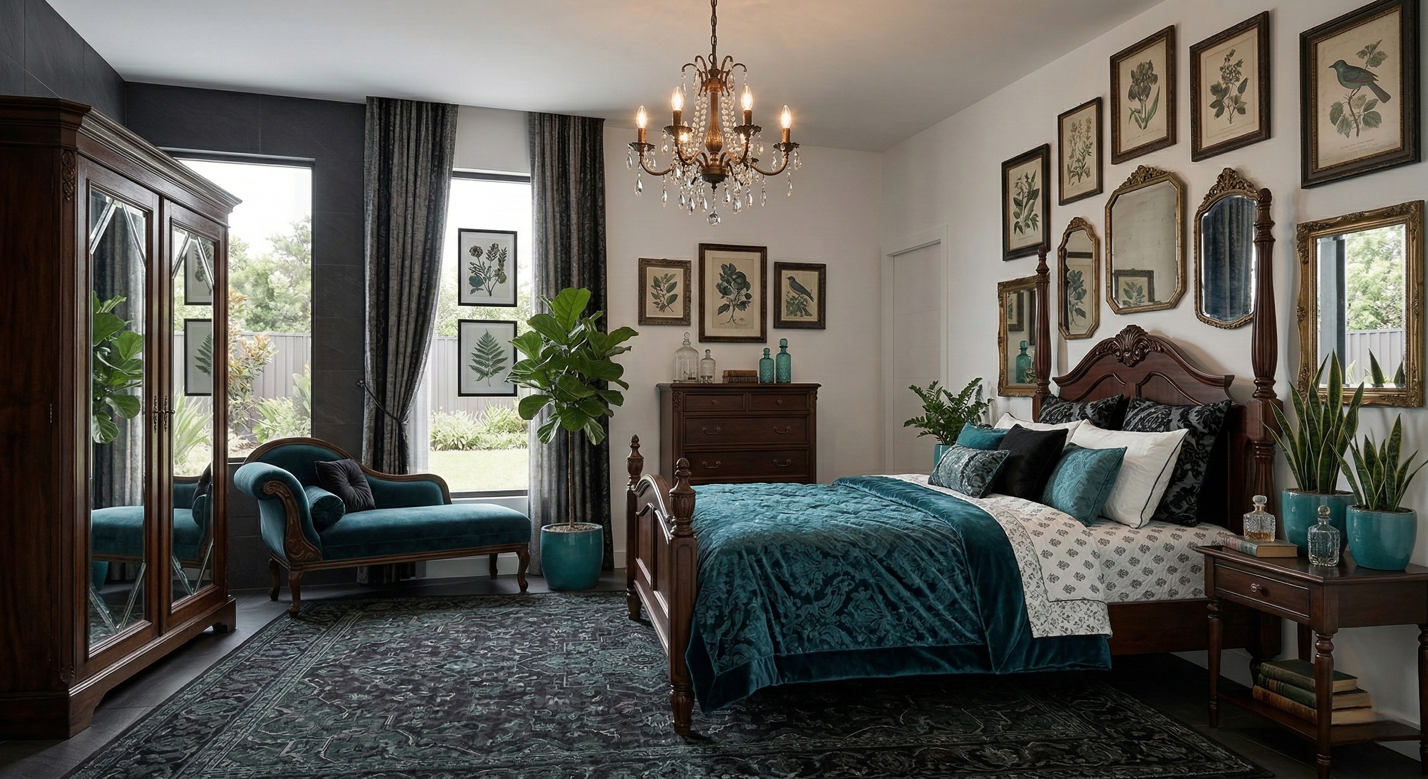 A vintage-style room with teal, white, and black bedding, dark curtains, and a dark carpet.