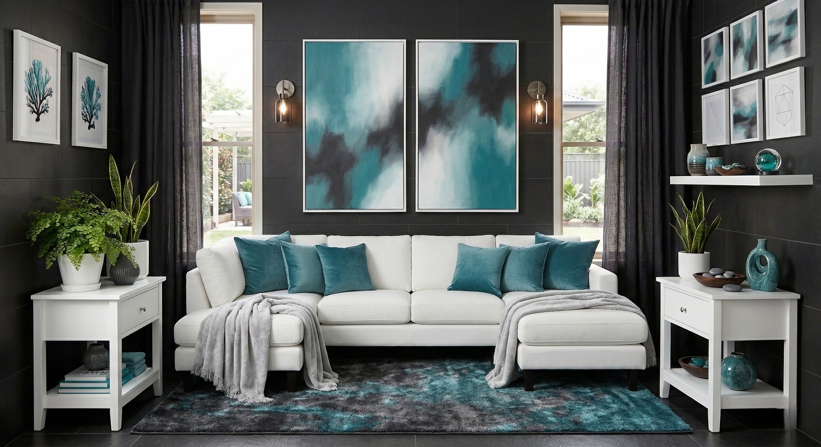 A bright living room with white furniture, a teal and grey carpet, teal cushions, and light grey throws on the sofa.